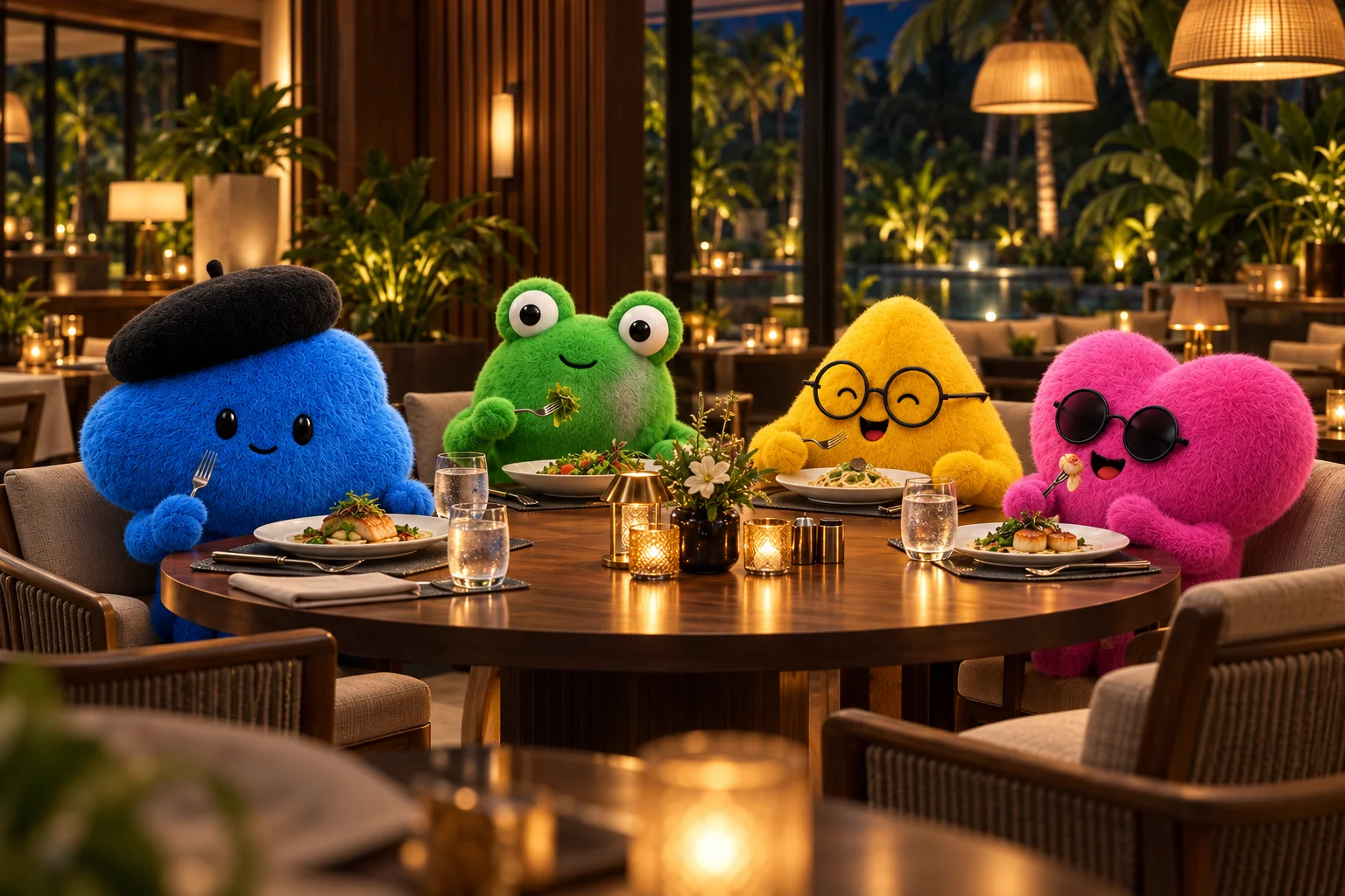 Personagens em um restaurante de hotel, em cena conceitual.