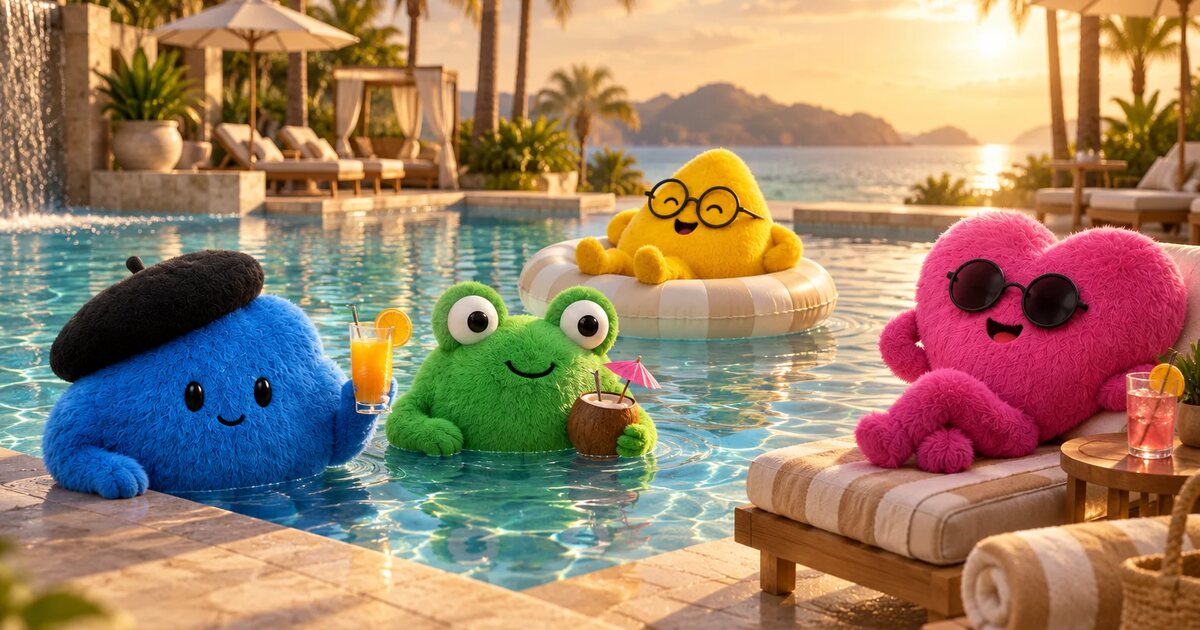 Quatro personagens de pelúcia em uma piscina de hotel, em ilustração conceitual.