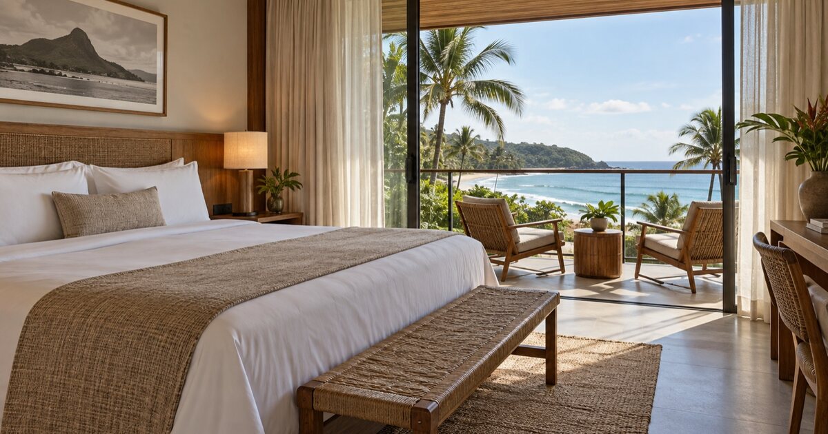 Quarto de hotel com varanda voltada para a praia.