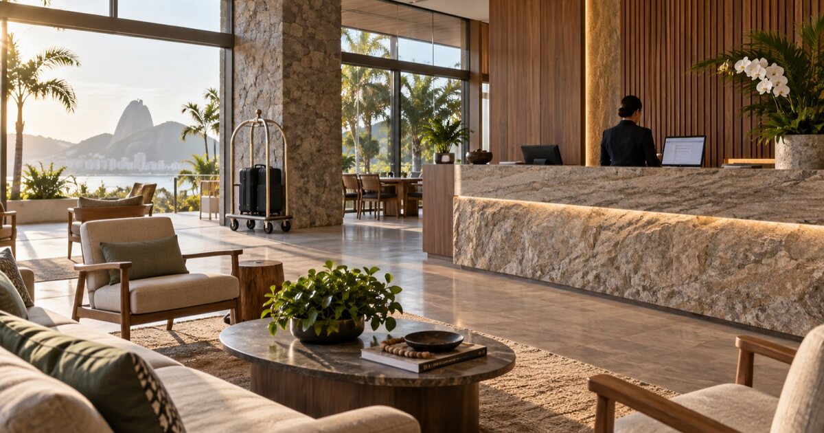 Recepção de hotel com equipe em atendimento e luz natural.