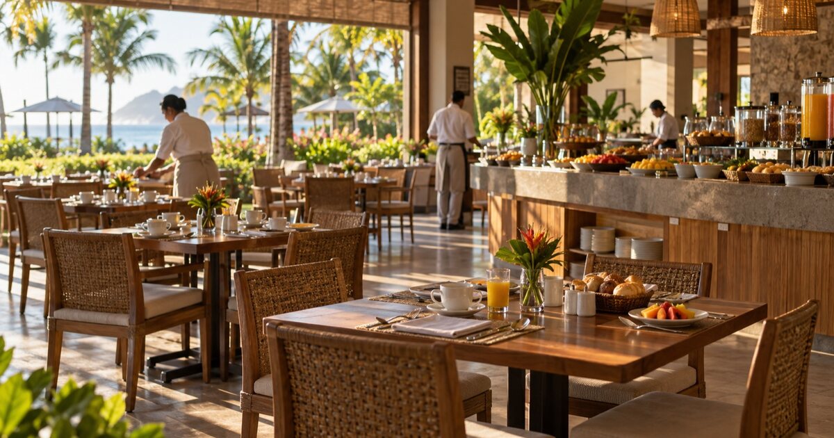 Restaurante de hotel preparado para o café da manhã.